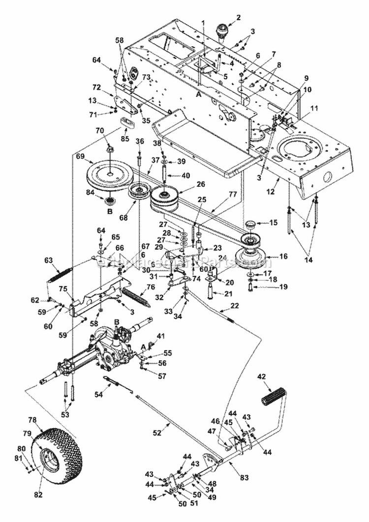 Drive Controls Wheels Rear Diagram and Parts List for 13A4662F129 2002 Yard Machines Lawn Tractor